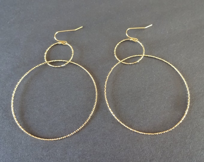 Stainless Steel Gold Double Hoop Dangle Earrings, Hypoallergenic, Vacuum Plated, Large Round Textured Hoops, Set Of Earrings, 75mm