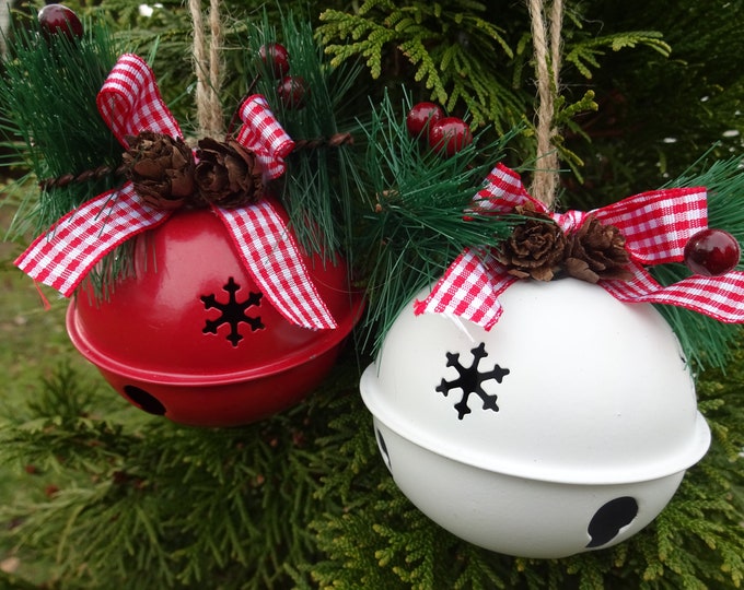 SET OF 2 Handmade Metal Bell Christmas Ornaments, 9cm Red & White Bells, Hemp Hanging Cord, Pinecones and Plaid Cloth Bow, Ready To Hang