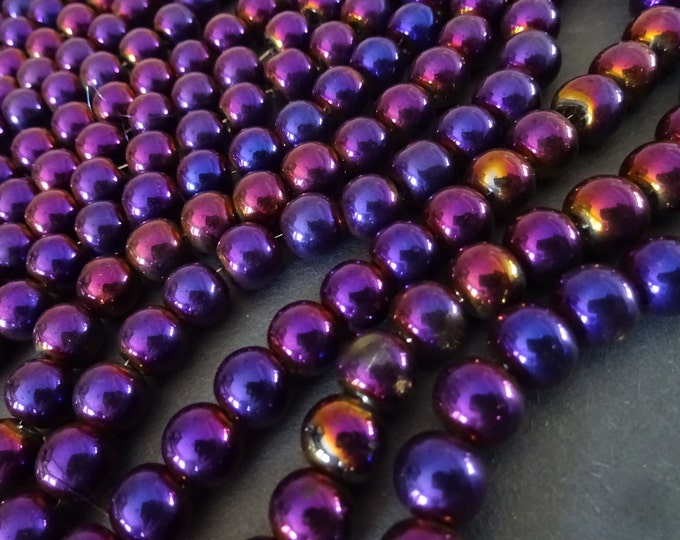 14 Inch Strand Of Electroplated 8mm Glass Beads, Purple, 8mm Beads, About 42 Beads Per Strand, Round, Metallic Purple Peacock Coloring