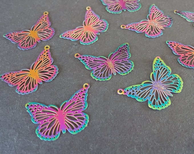 5 PACK Of 18x26mm Stainless Steel Butterfly Pendants, Multi Color Butterflies, Etched Metal Pendant, 201 Stainless Steel, Rainbow Oil Slick