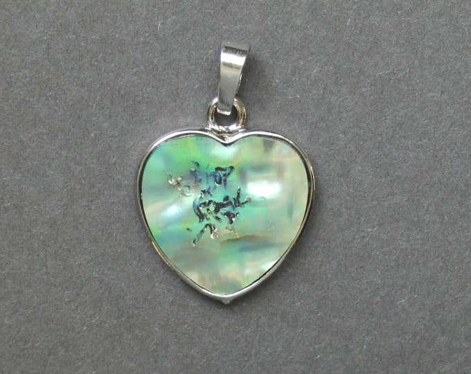25mm Natural Abalone & Paua Shell Pendant, Platinum Tone Brass Bail, Polished Gem, Large Charm, Gemstone Jewelry, Shell Heart, Heart Pendant