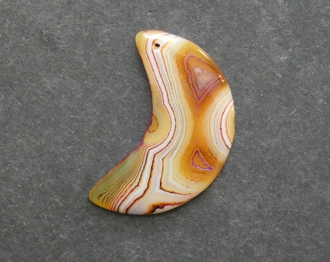 49x5mm Natural Brazilian Agate Pendant, Gemstone Pendant, One of a Kind, Large Moon, Yellow and Pink, Dyed, Only One Available, Unique