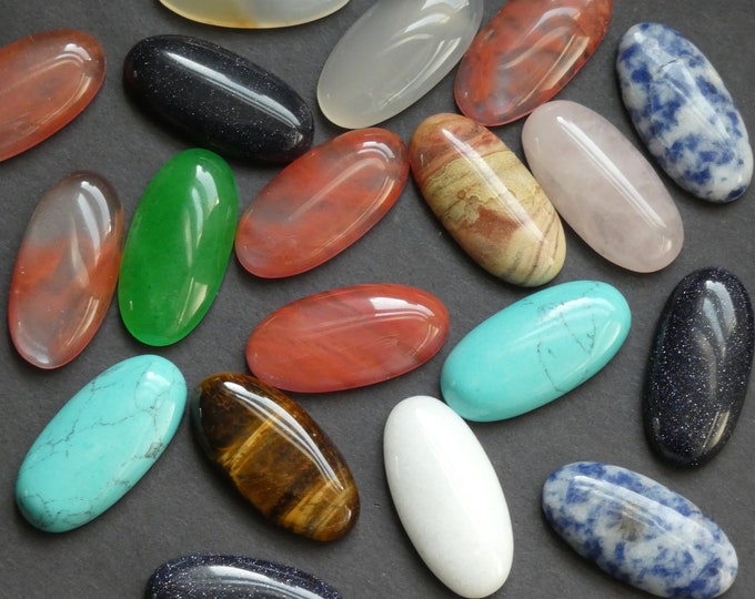 SET OF 5 Oval Mixed Lot Gemstone Cabochons, 30x15mm, Polished, Stone Cabochon, Gemstone Cab Lot, Jasper, Quartz, Agate, Malachite & More