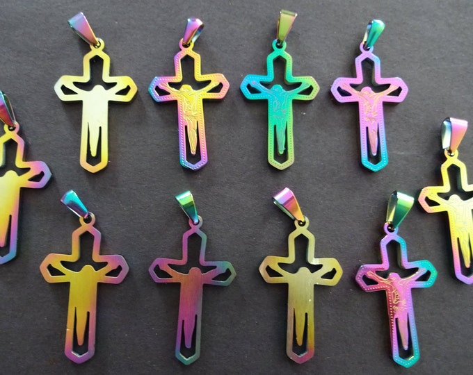 32x19mm 304 Stainless Steel Crucifix Charm, Multi Color Pendant, Easter Cross, Rainbow Cross Charm, Steel Easter Metal Pendant