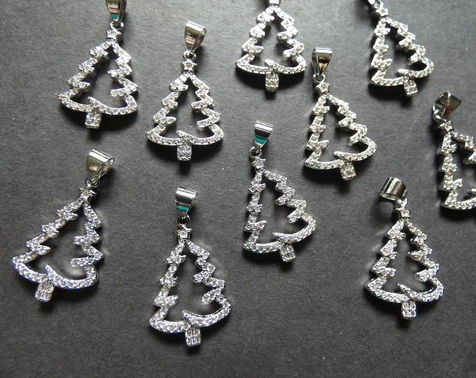 23mm Brass & Cubic Zirconia Christmas Tree Pendant, Silver Metal Pendant With Rhinestones, Winter Pendant, Christmas Pendant, Xmas Charm