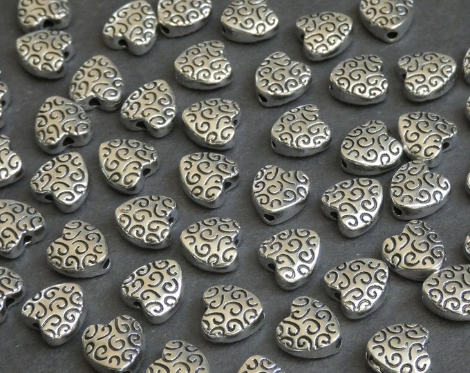 9x9mm Metal Heart Bead, Heart Spacer Bead, Antique Silver Color, Heart Metal Bead, Etched Design Bead, Metal Heart Beads, Metal Heart