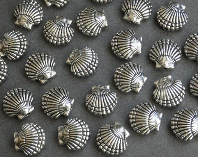 10 PACK of 14.5x14mm Metal Silver Seashell Bead, Tibetan Silver, Antique Silver Color, Carved Shell, Etched, Metal Spacer, Nautical Bead