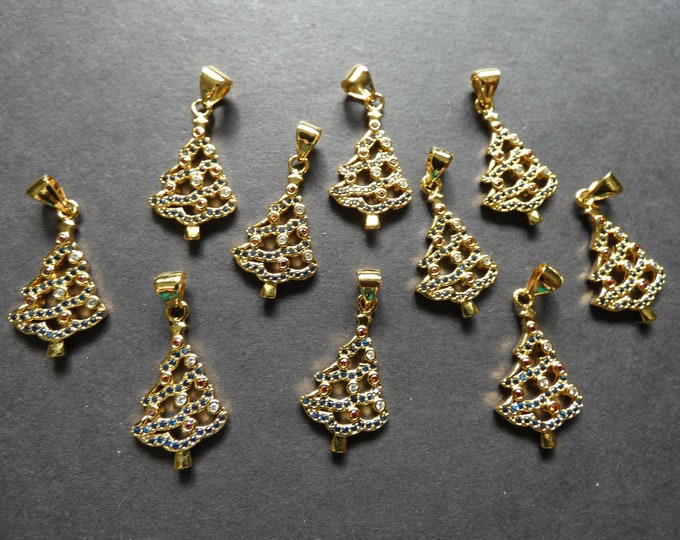 23mm Brass & Cubic Zirconia Christmas Tree Pendant, Gold Metal Pendant With Rhinestones, Winter Pendant, Christmas Pendant, Xmas Charm