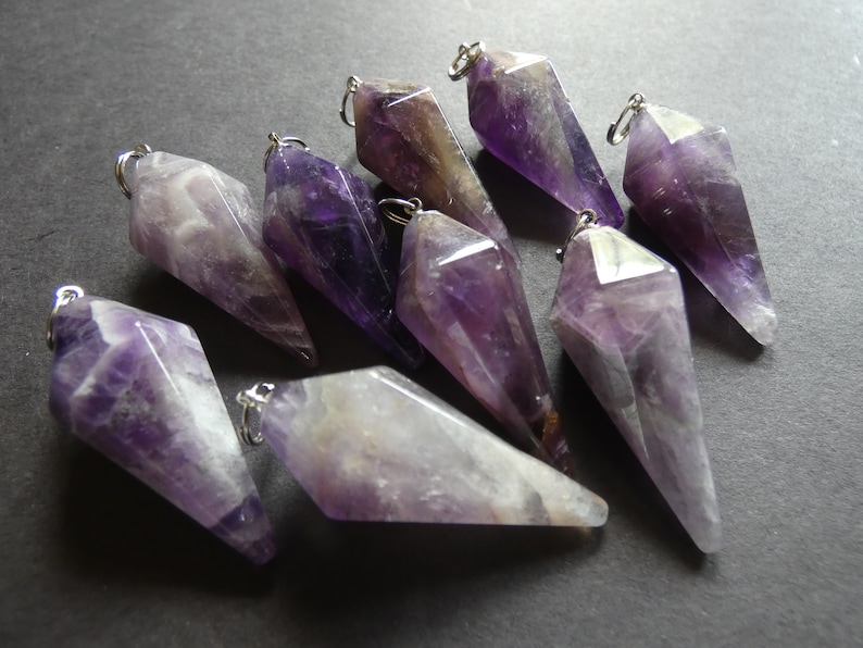 Cone Pendulum 38.5mm Natural Amethyst Pendant With Brass Loop Designer Stone Pointed Bullet Pendant Large Purple and Silver Charm