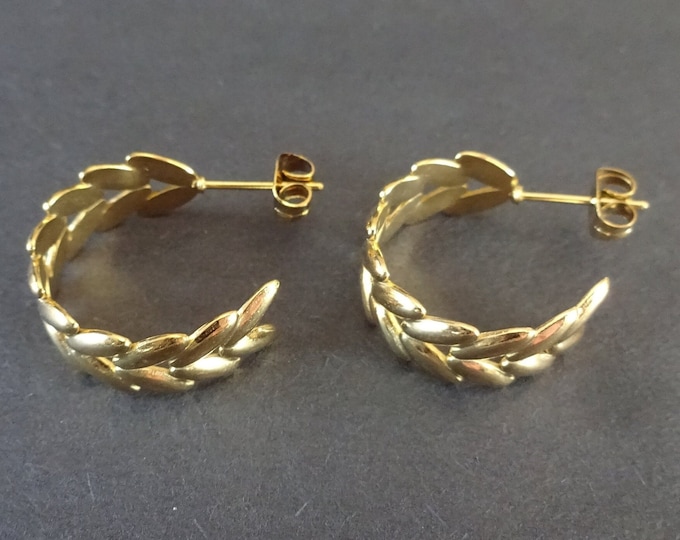 Stainless Steel Gold Leaf Half Hoop Earrings, Hypoallergenic, Round Hoops, Set Of Golden Earrings, 20.5x22mm, Leaf Hoops, Round Branches