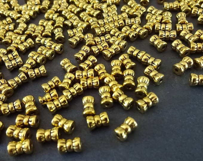 6x4mm Alloy Metal Antiqued Beads, Antique Gold Color, Tibetan Style Metal Spacer, Detailed Bohemian Tribal Bead, Small Bow Shape Columns