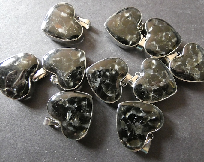 21mm Natural Black Agate & 304 Stainless Steel Pendant With Glass, Heart Charm, Polished, Gemstone Jewelry Pendant, Black and Silver Metal