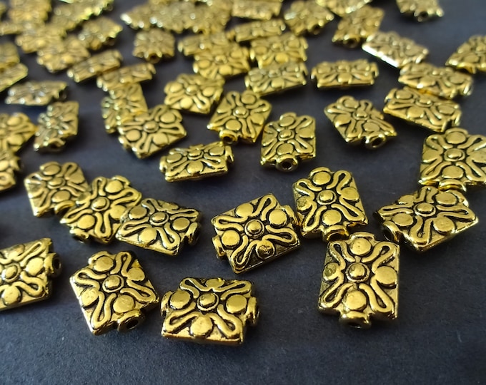 12x9mm Alloy Metal Decorative Rectangle Beads, Golden Tibetan Style Rectangle Bead, Gold Flat Rectangles, Intricate Rectangle Focal Beads