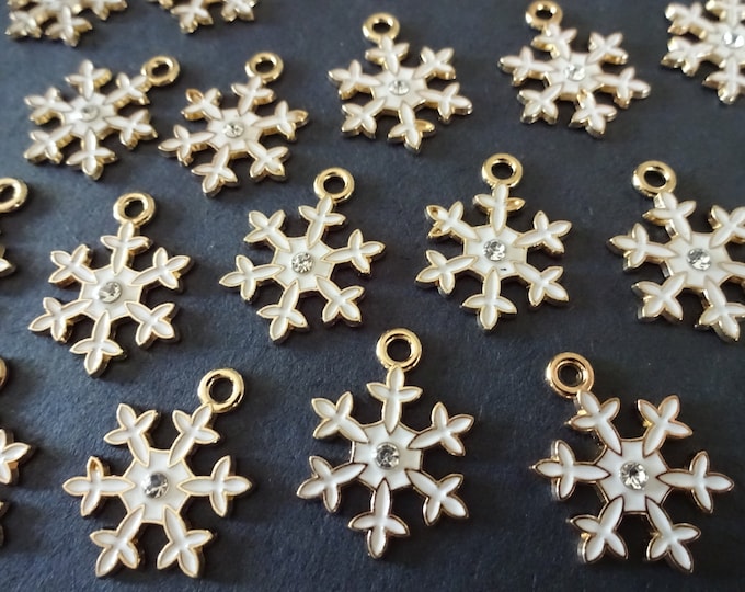 20x15mm Metal & Rhinestone Christmas Snowflake Charm, Enamel Coloring, Christmas Charms, Xmas Pendants, Gold and White Snowflake Pendant