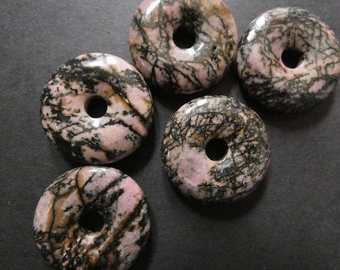 28-30mm Natural Rhodonite Pendant, Donuts, Pink and Black, Polished Gem, Natural Gemstone Component, Wire Wrapping Stone, 6mm Hole