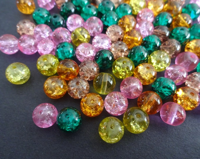 8mm Crackle Glass Ball Bead Mix, Autumn Mix, Mixed Lot, Transparent, Fall Theme Jewelry Beads, Round, Yellow, Orange, Pink and Green