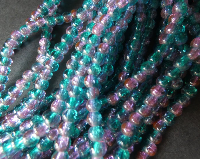 4mm Crackle Glass Ball Bead Mix, 31 Inch Strand Of About 200 Beads, Spray Painted Teal Blue & Pink, Vibrant Bright Jewelry Beads, Round