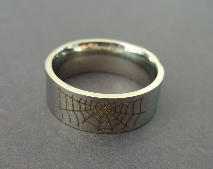 Stainless Steel Silver Spider Web Ring, Spider Ring, Sizes 7-13, Halloween Jewelry, Black Widow, Silver & Brown Webs Design, 8mm Width
