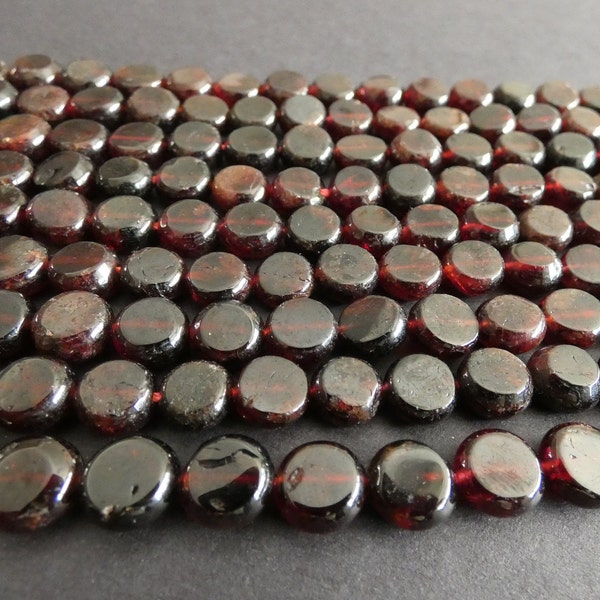 15 Inch Strand Natural Garnet 7-9mm Round Beads, Dyed,  About 48 Beads, Flat Round, Deep Red, Natural Stone, Polished, Hand Cut, Red Garnet