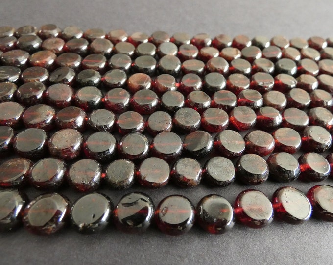 15 Inch Strand Natural Garnet 7-9mm Round Beads, Dyed,  About 48 Beads, Flat Round, Deep Red, Natural Stone, Polished, Hand Cut, Red Garnet