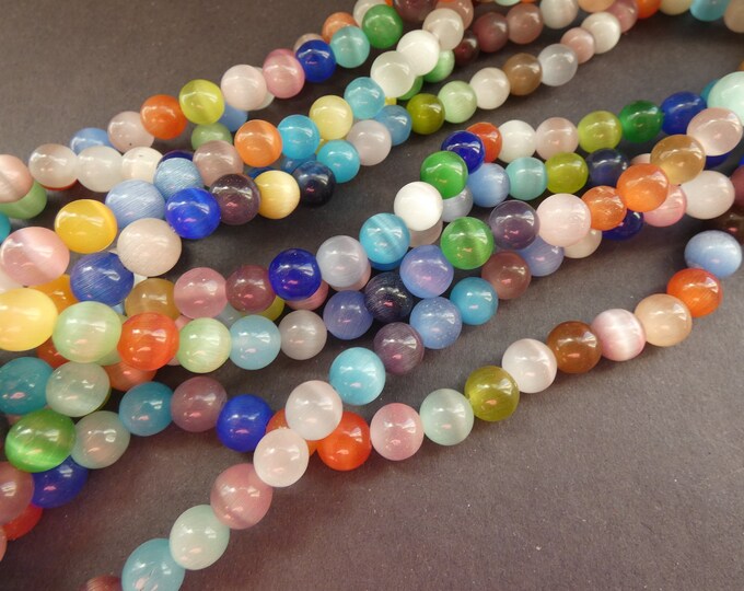 15.5 Inch 8mm Cat Eye Glass Ball Bead Strand, About 50 Cat's Eye Beads, Mixed Color Rainbow, Drilled Cateye Glass Bead, Rainbow Glass Stone