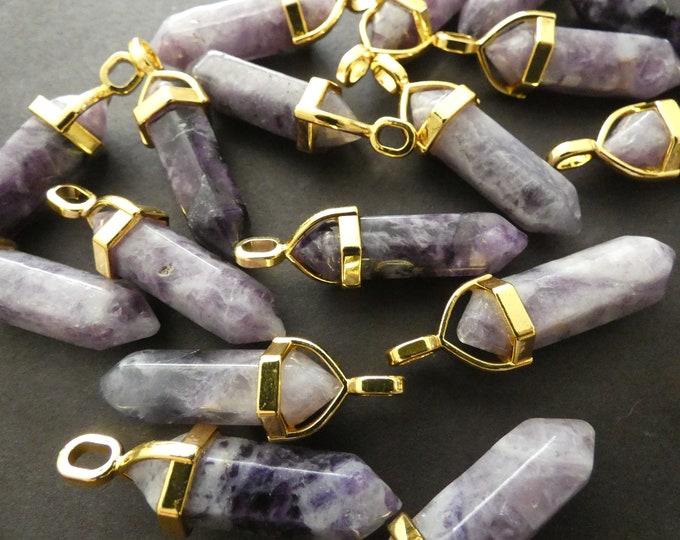 37-40mm Natural Charoite Pendant With Alloy, Faceted, Bullet Shaped, Polished Gem, Gemstone Jewelry Pendant, Purple Crystal With Gold Color