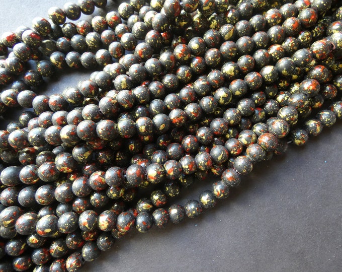 31 Inch 8mm Baked Glass Bead Strand, 8mm Ball Beads, Dyed, About 100 Beads Per Strand, Black and Red, 1mm Hole, Painted, Splatter Pattern