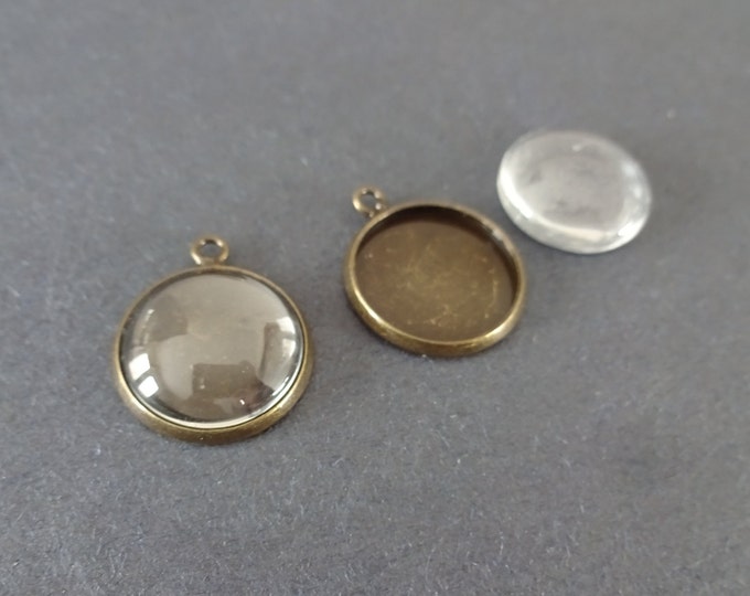 Pack of 14mm Round Brass Pendant Setting with Half Round Glass Cabochon, 18x16x2mm Overall Size, Round Setting, Bronze Colored Setting