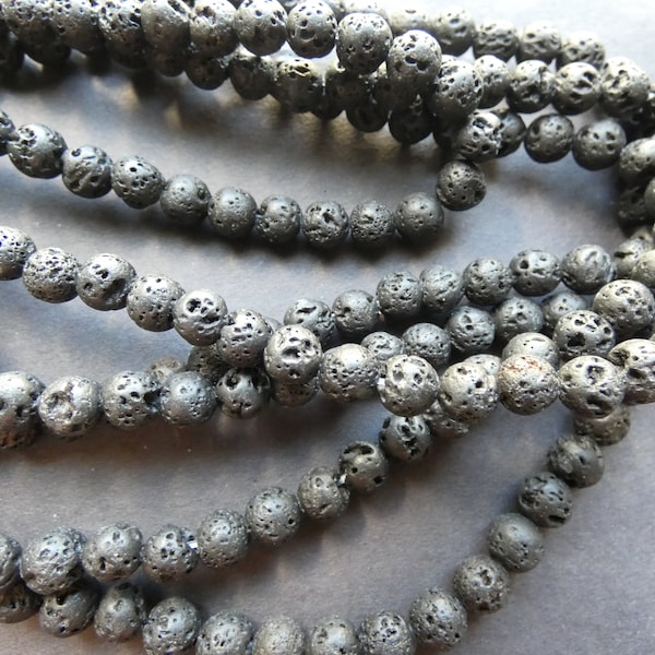 15.5 Inch 6mm Natural Lava Stone Bead Strand, Black, Dyed, About 63 Beads per Strand, Textured, Black Ball Bead, Stone Bead, Pumice Stone