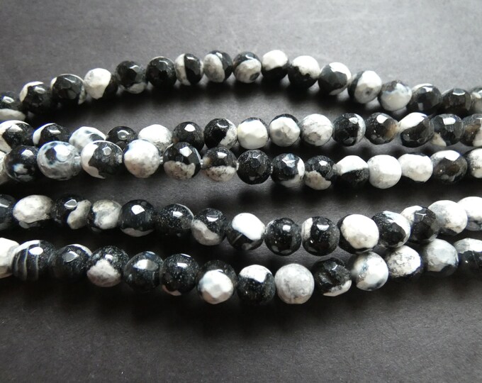 6mm Natural Fire Agate Faceted Bead Strand, Dyed and Heated, Black and White, About 61 Beads, 15 Inch Strand, Ball Bead, Round, Polished