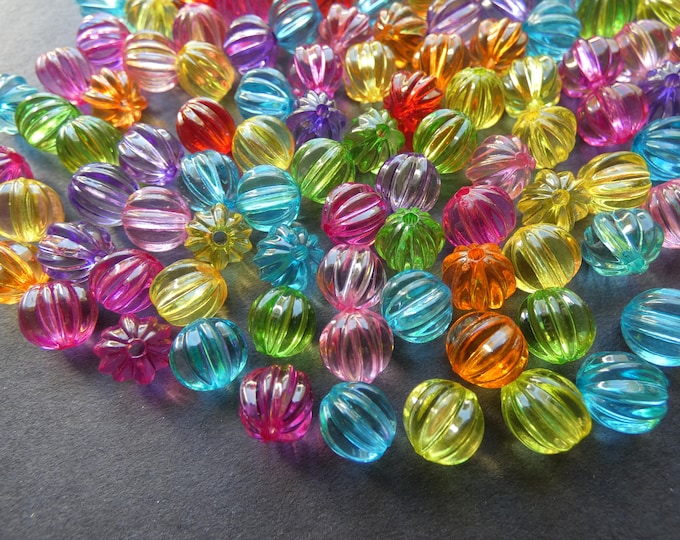 200 Pack 9mm Transparent Ball Acrylic Beads, 9x8.5mm Round Lined Ball Bead, Mixed Color, Rainbow Bead, Transparent, Colorful, 2mm Hole,