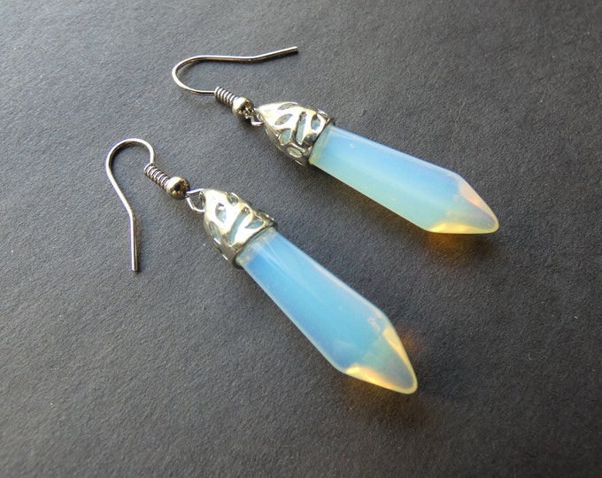 53mm Opalite Earrings With Brass, Bullet Shaped, Polished Gem, Stone Jewelry, Clear & Silver, Faceted, Dangle Earrings, Opalescent Gems