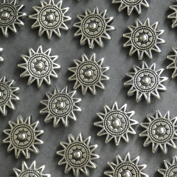 10 PACK 17x6mm Metal Sun Bead, Etched Sun Bead, Antiqued Silver Color, Engraved Metal Bead, Tibetan Style, Etched Sun Bead, Round Sun Design