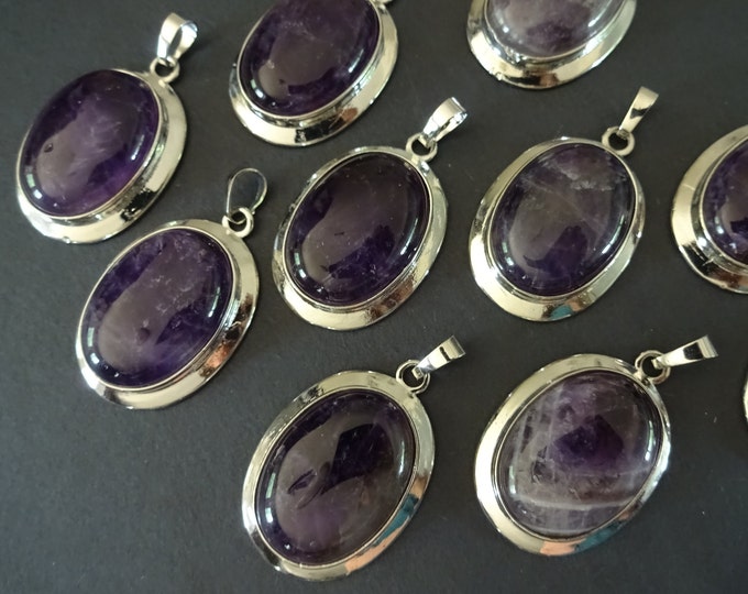 37x25mm Natural Amethyst Pendant With Alloy Metal Loop, Purple Crystal and Silver Charm, Designer Stone Pendant