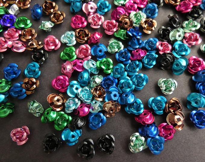 200 PACK 6mm Aluminum Rose Beads, Tiny Rose Metal Spacers, Mixed Colors, Flower Spacer Beads, 6x4.5mm, 1mm Hole, Bold Colorful Floral Beads