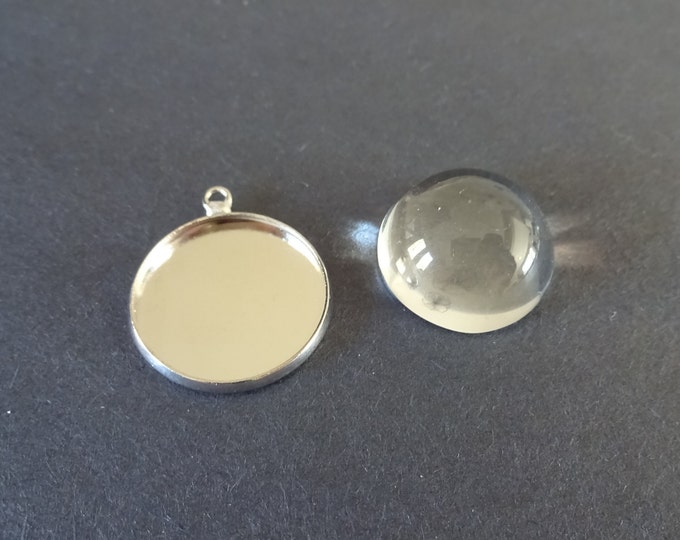 Pack of 18mm Round Brass Pendant Setting with Half Round Glass Cabochon, 23x20mm Overall Size, Round Setting, Silver Colored Setting