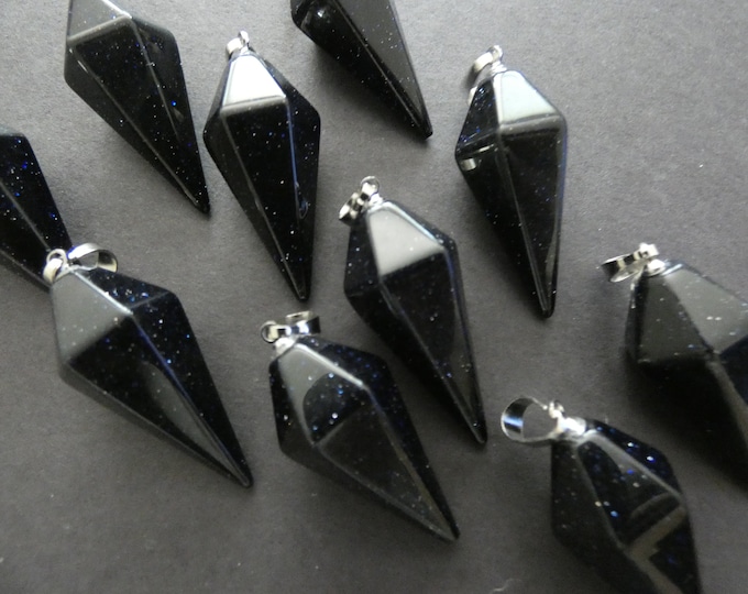 38.5mm Synthetic Blue Goldstone With Brass Loop, Sparkly Cone Pendulum, Large Blue and Silver Charm, Designer Glass Pointed Bullet Pendant