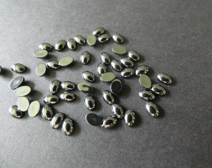 6x4mm Synthetic Hematite Cabochon, Oval Cabochon, Non Magnetic, Metallic, Dark Silver Color, Mineral Stone Jewelry, Industrial, Reflective