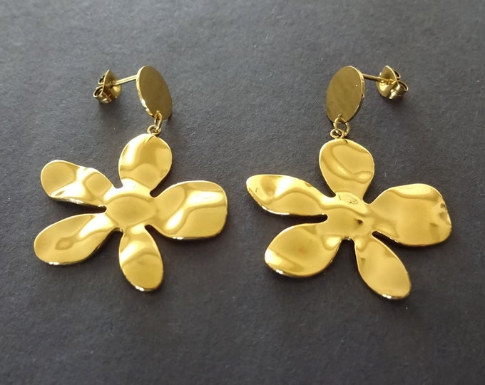 Stainless Steel Gold Flower Dangle Stud Earrings, Hypoallergenic, Gold Flower Studs, 44x32mm, Set Of Earrings, Flower Earrings, Drop Earring