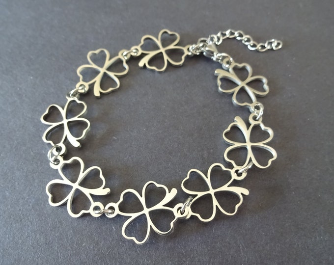 Stainless Steel Clover Link Bracelet With Clasp, 7 Inch, Silver Link Chain, Ready To Wear, 4 Leaf Clover Bracelet, St Patrick's Day