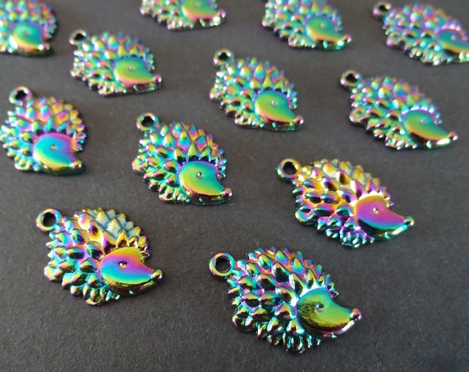 5 PACK of 22.5mm Metal Hedgehog Pendant, Rainbow Metal Hedgehog Charm, Oil Slick Color, Iridescent Metal Pendant, Holographic Metal Pendant