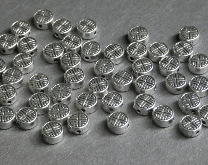 50 PACK 6mm Metal Flat Circle Bead, Antique Silver Color, Tibetan Style Metal Spacer, Silver Oval Bead, Flat Bead With Aztec Tribal Design
