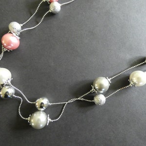 Brass Chain Necklace With Plastic Beads, Silver Color, 59 Inches Long, 2 Tier Design, Pastel Ball Beads, Extra Long Metal Chain, Faux Pearls