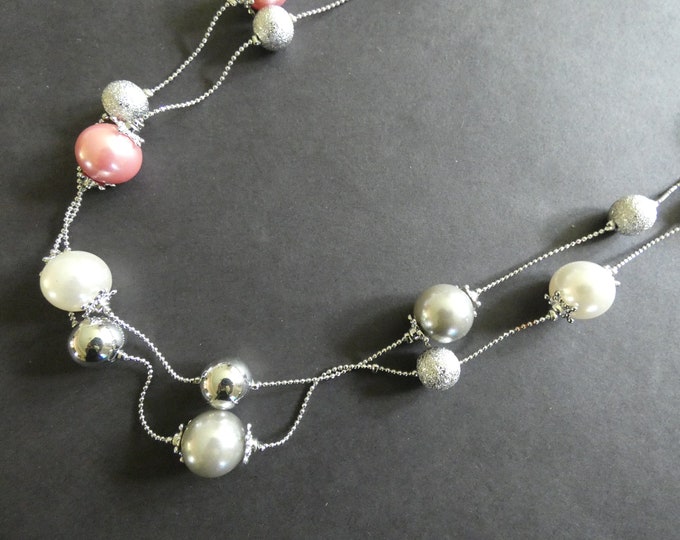 Brass Chain Necklace With Plastic Beads, Silver Color, 59 Inches Long, 2 Tier Design, Pastel Ball Beads, Extra Long Metal Chain, Faux Pearls