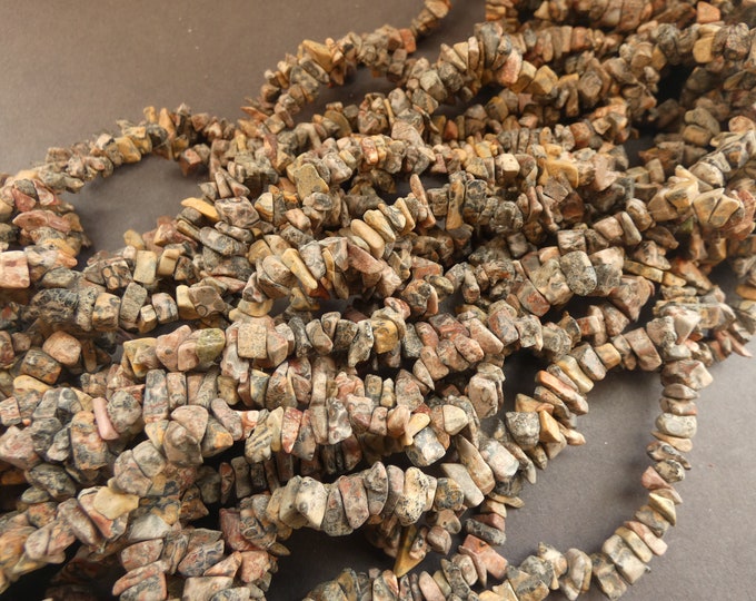 34 Inch 3-5mm Natural Leopard Skin Jasper Bead Strand, About 500 Stone Chips, Neutral Brown, Natural Nugget Stones, Drilled Jasper Nuggets