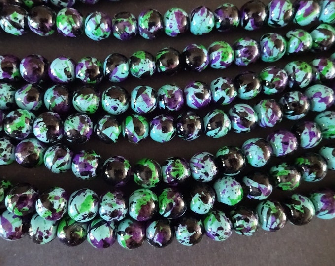 7-8mm Marbeled Glass Round Bead, Teal & Purple, 14.5 Inch Strand Of About 50 Beads, Mixed Swirled Colors, Seagreen Beads, Round Marble Bead