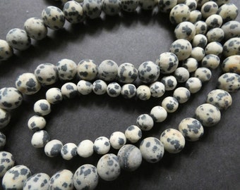 15.5 Inch 6-8mm Natural Dalmatian Jasper Bead Strand, Frosted, About 47-63 Gemstone Ball Beads, Round Stone, Beige and Black, Unfinished