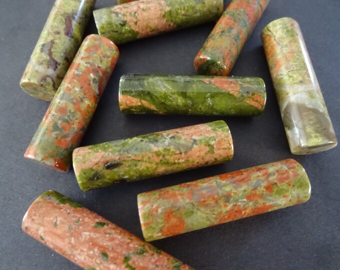 35x11mm Natural Unakite Column, Undrilled, Unakite Stone Column, No Hole, Polished, Wire Wrapping Crystal Tube, Green and Pink Mineral