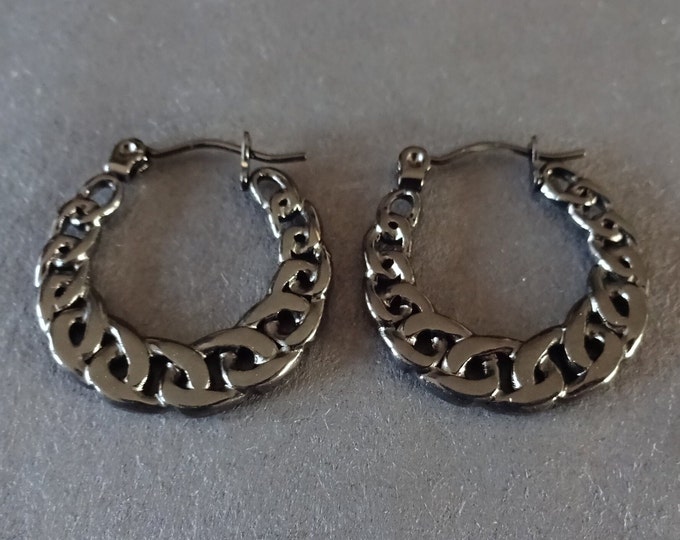 Stainless Steel Black Curb Chain Hoop Earrings, Hypoallergenic, Ion Plated, Round Hoops, Set Of Black Earrings, 22x21mm, Chain Link Hoops