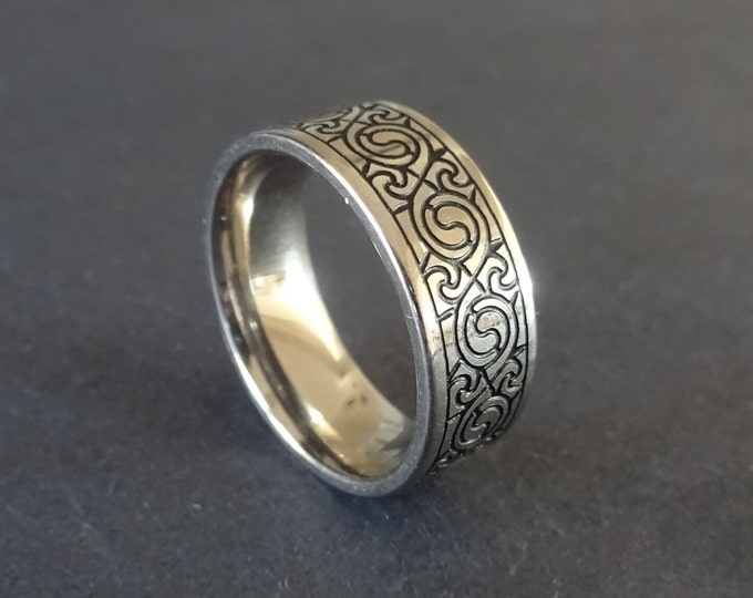 Stainless Steel Tribal Ring, Silver and Black Band, Size 7-13, Tribal Design, Women's & Men's Band, Intricate Tribal Band, 8mm Width
